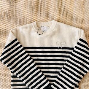 Zara Women's Black and White Striped Crew Neck Sweater